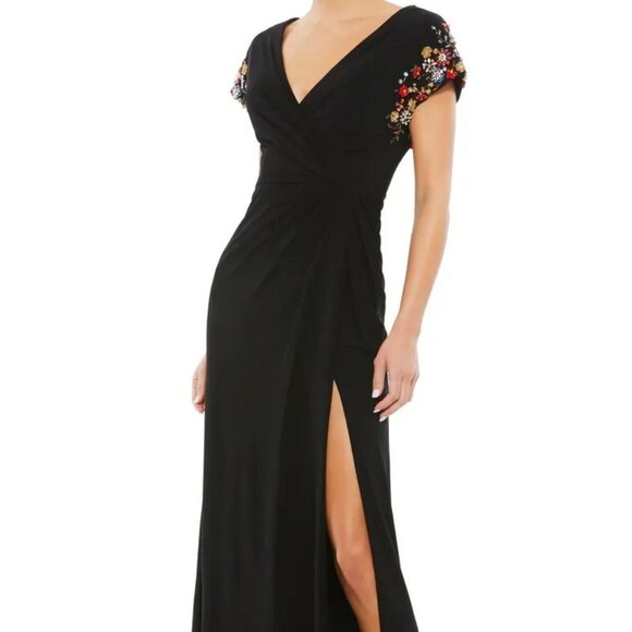 Ieena Mac Duggal Black Beaded Sleeve Faux Wrap Gown
